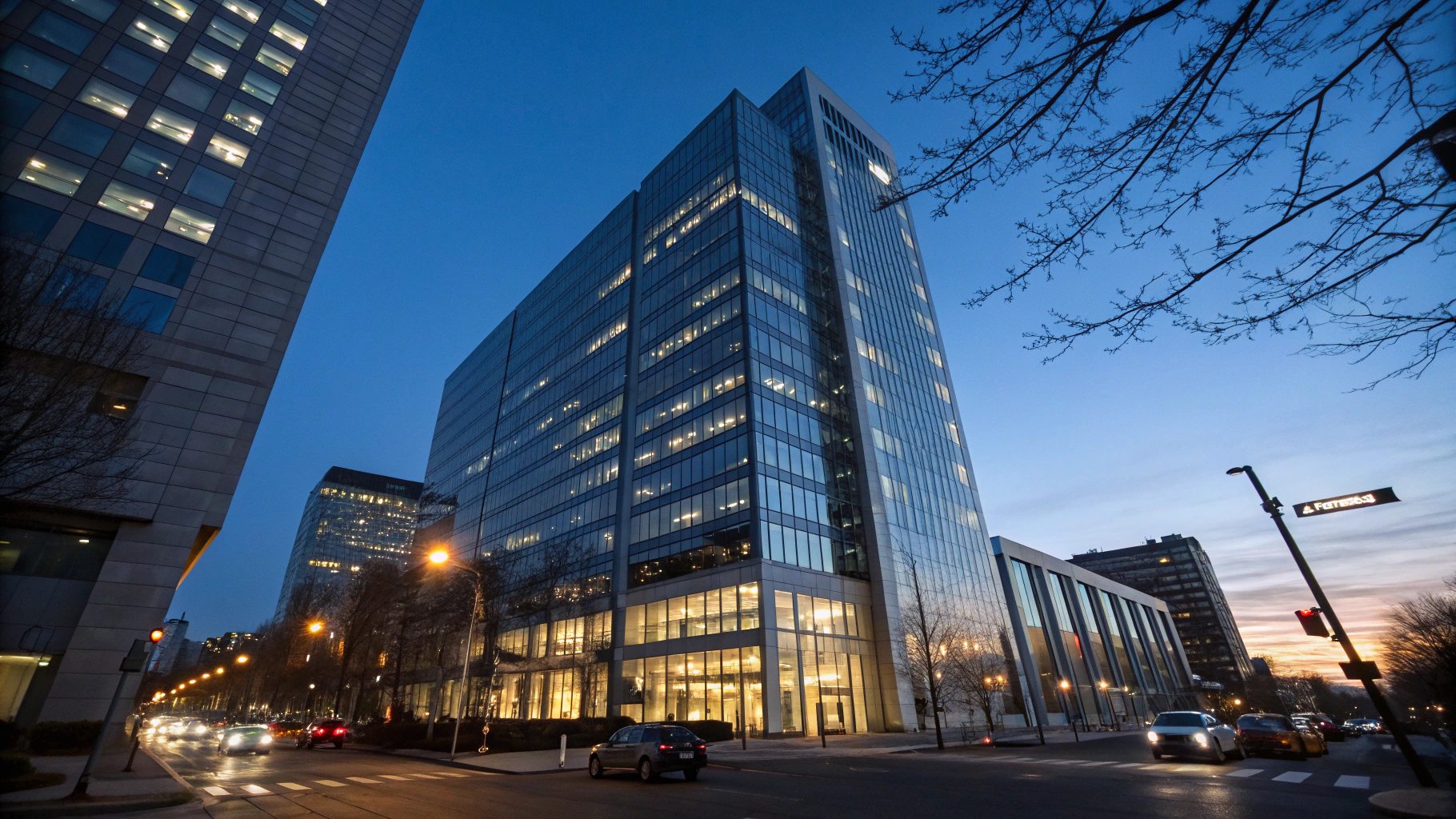 Modern commercial office architecture at night