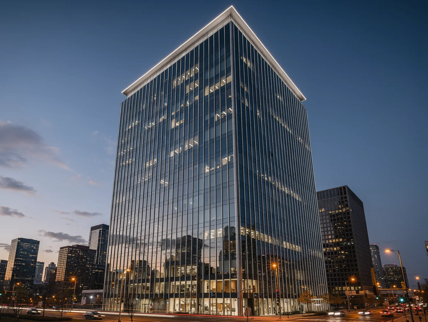 High-rise modern corporate glass office tower at dusk