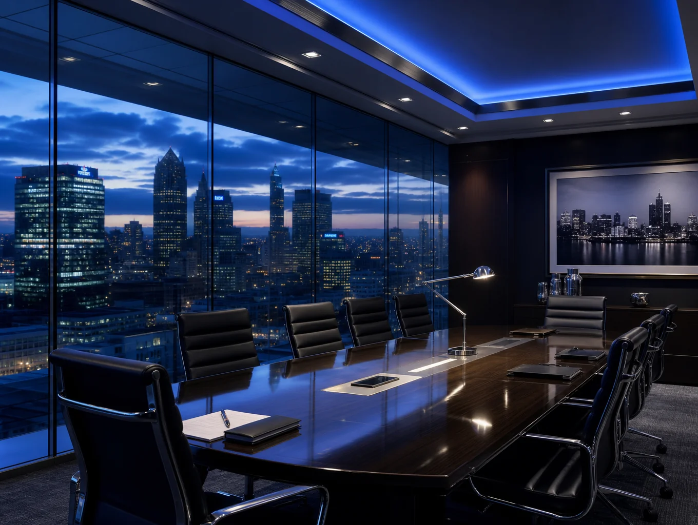 Luxury boardroom overlooking the city skyline at dusk