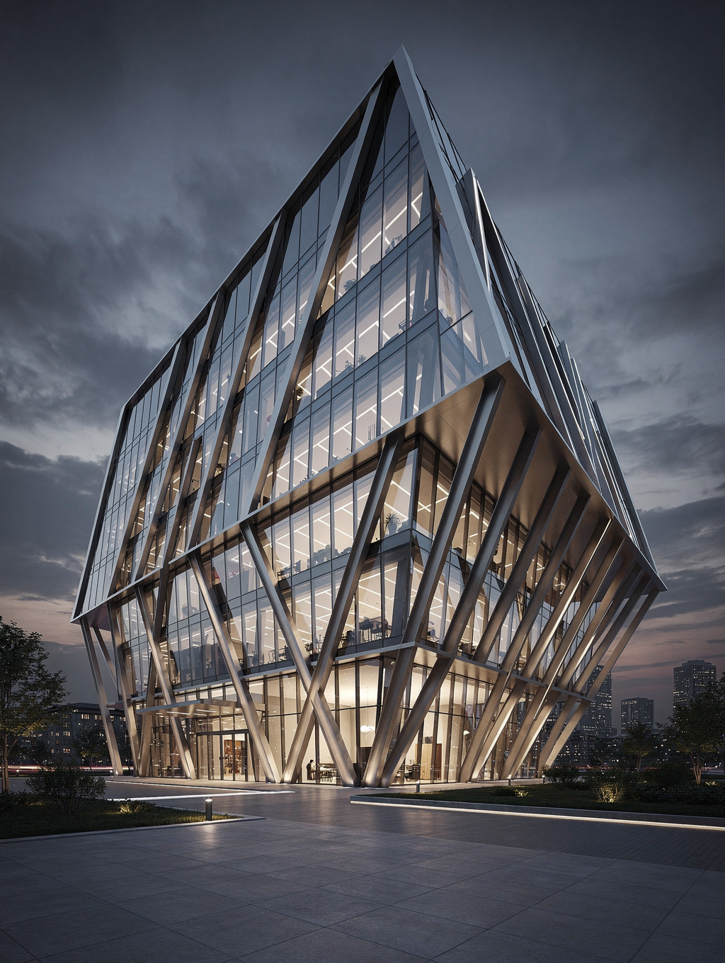 Illuminated multi-tiered modern glass architecture representing layers of the capital stack