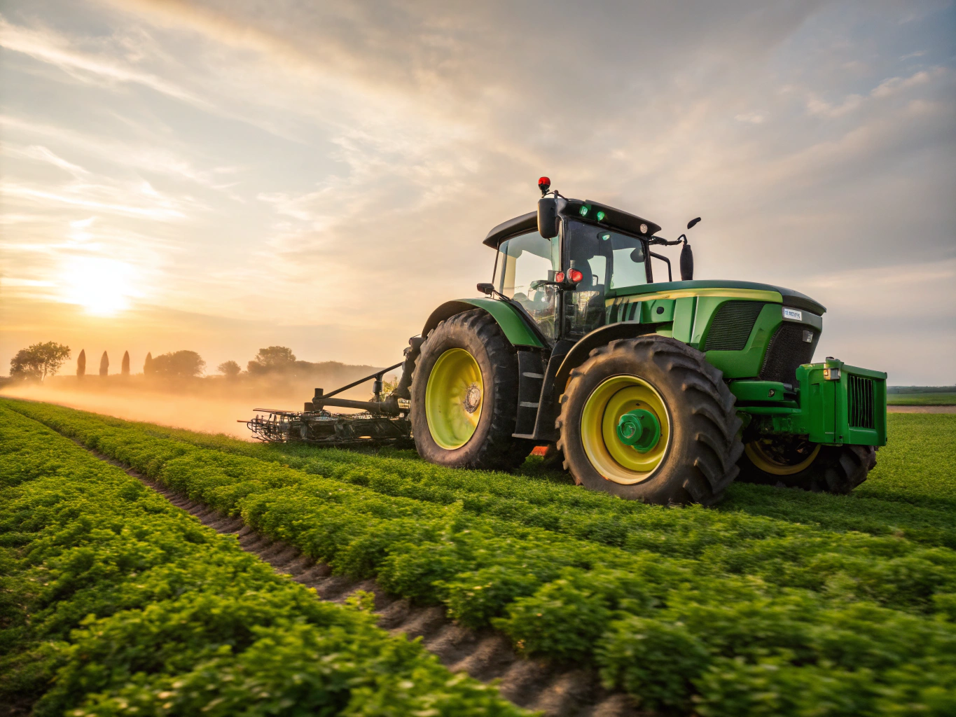 Agricultural tractor operating in a golden harvest field