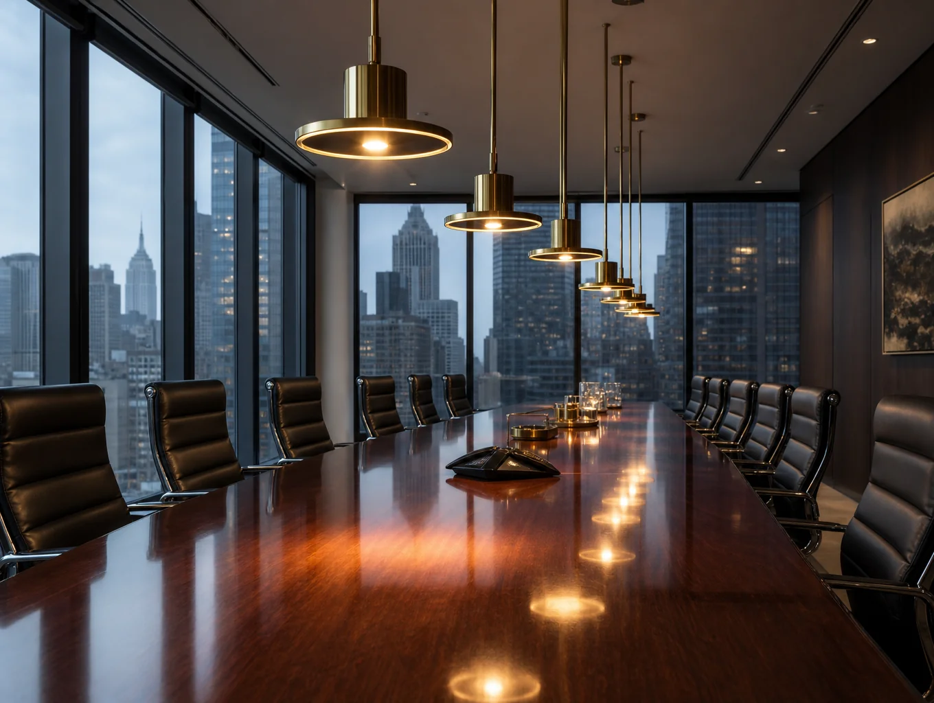 Executive boardroom overlooking metropolitan skyline