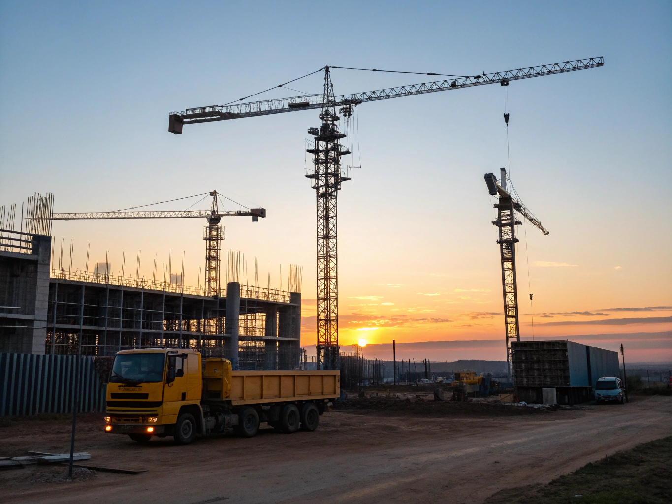 Major construction infrastructure site with tower cranes