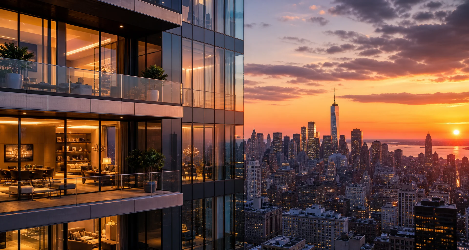 Modern residential high-rise building with illuminated balconies at twilight